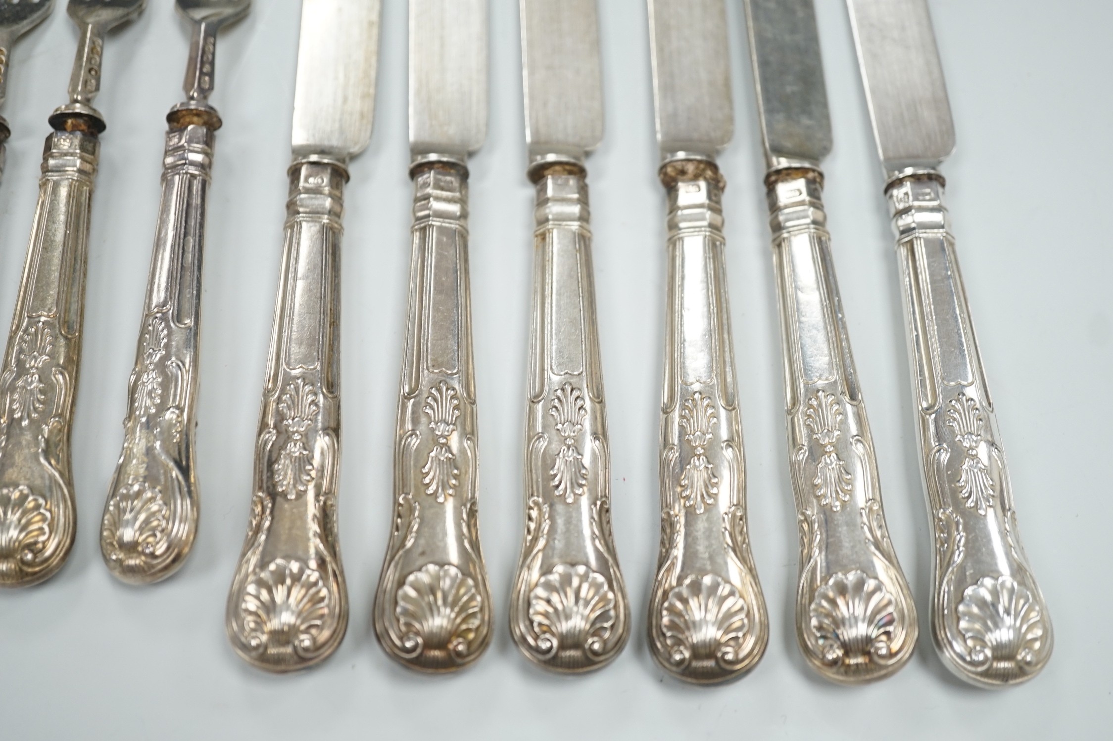 Six pairs of Victorian silver Kings pattern dessert eaters, John Gilbert & Co, Birmingham, 1871, (a.f.)